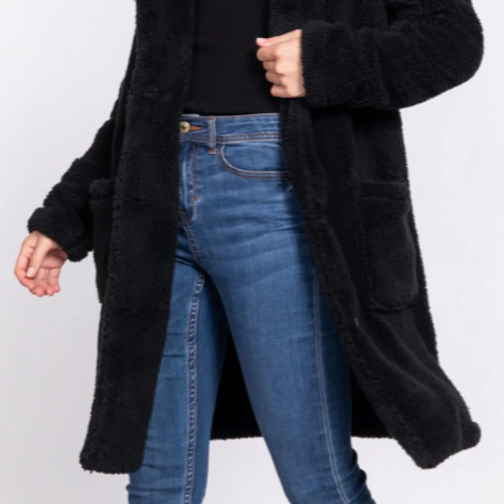 NEW Soft Faux Fur Notched Collar Patch Pocket Sherpa Coat- Button Front- S-M-L - Picture 9 of 9